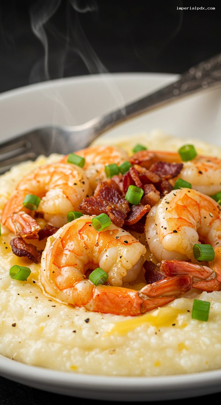 Slow Cooker Shrimp and Grits with Bacon and Scallions – Closeup