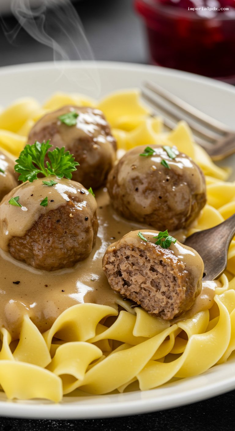 Slow Cooker Swedish Meatballs with Creamy Gravy – Closeup