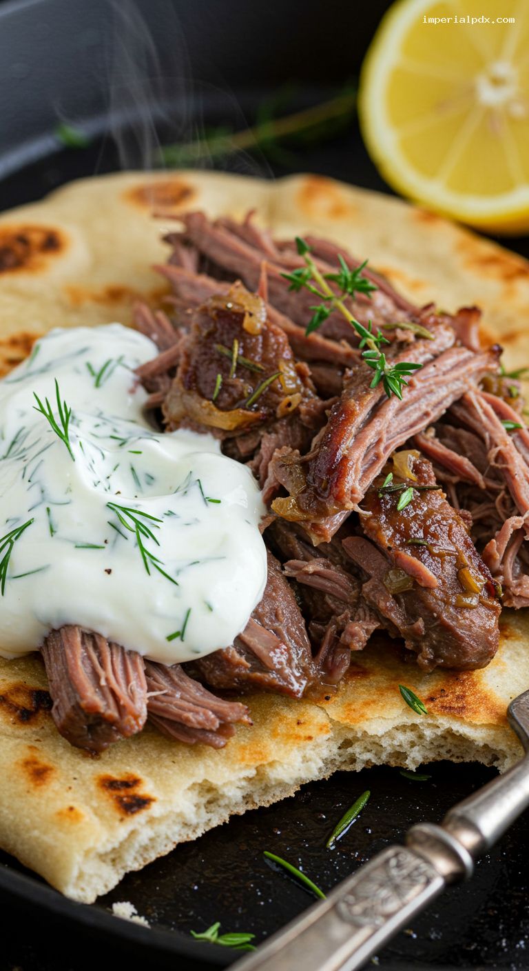 Slow-Roasted Herbed Lamb Shoulder with Skillet Flatbread – Closeup