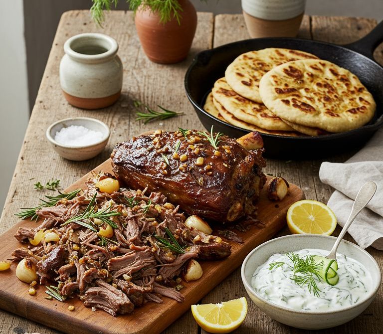 Slow-Roasted Herbed Lamb Shoulder with Skillet Flatbread