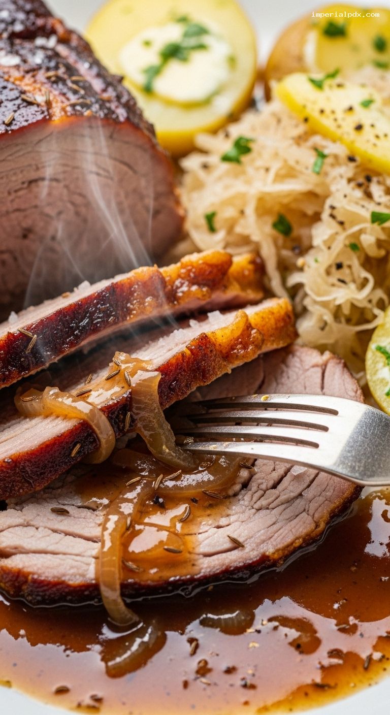 Slow-Roasted Schweinebraten with Dark Beer Gravy – Closeup