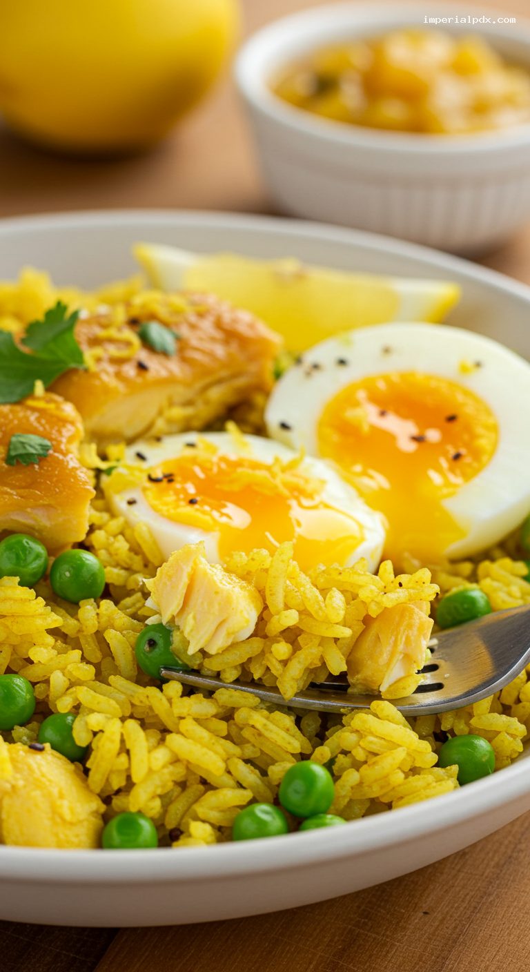 Smoked Haddock Kedgeree with Soft Eggs and Herbs – Closeup