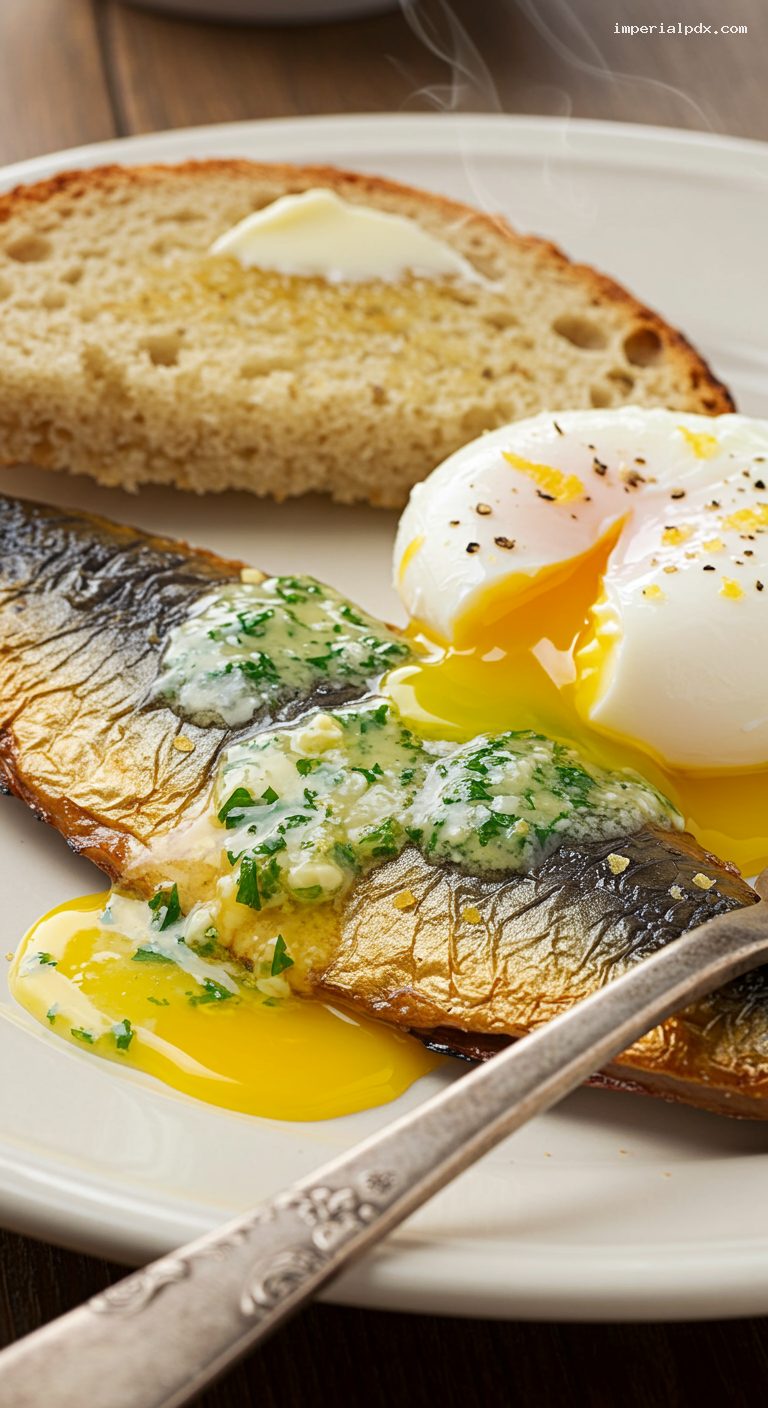 Smoked Kippers with Lemon-Parsley Butter and Poached Egg – Closeup
