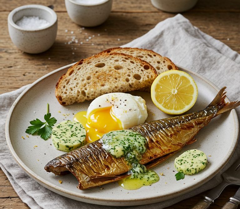 Smoked Kippers with Lemon-Parsley Butter and Poached Egg