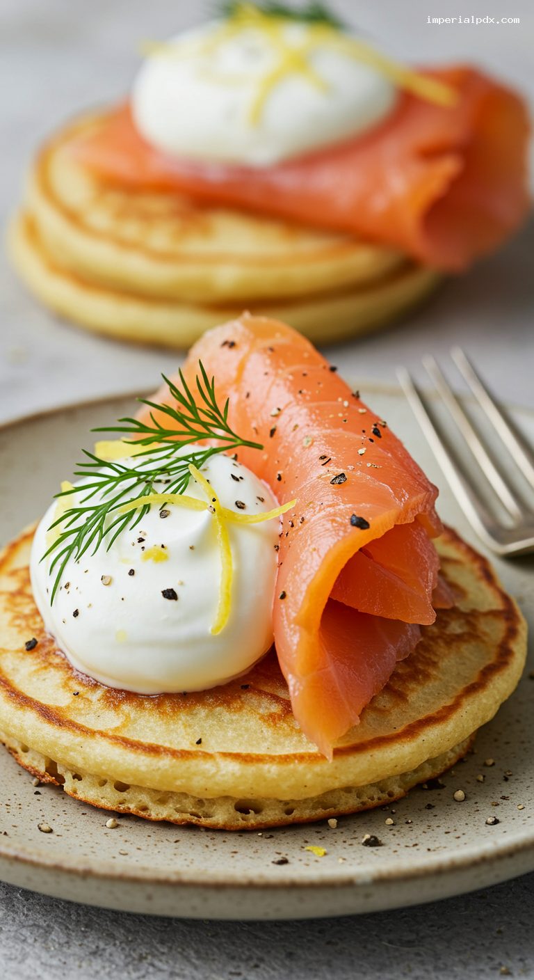 Smoked Salmon Blinis with Crème Fraîche and Dill – Closeup