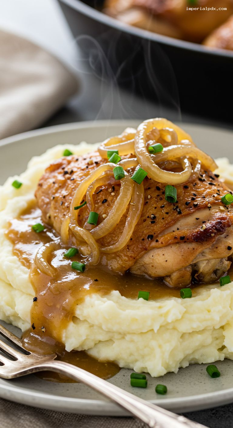Smothered Chicken with Caramelized Onions and Gravy – Closeup