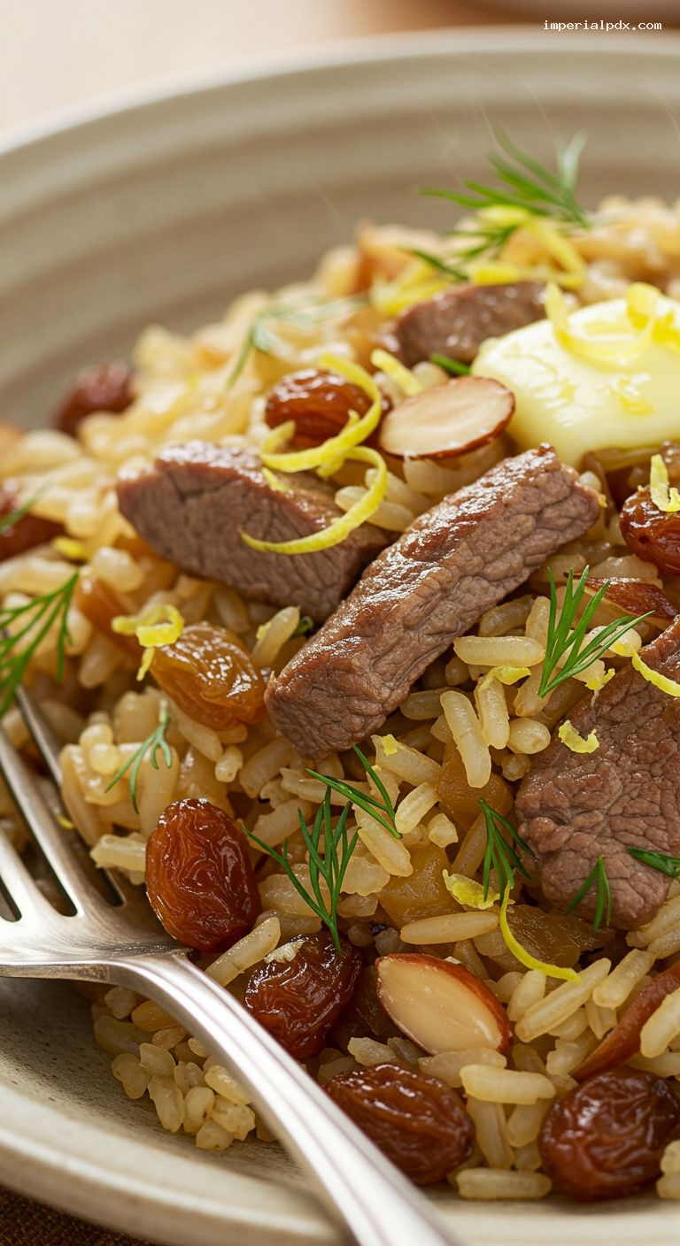 Spiced Lamb and Rice Pilaf with Almonds and Dill – Closeup