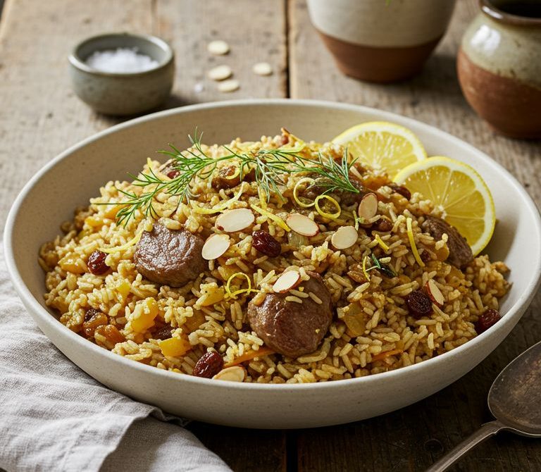 Spiced Lamb and Rice Pilaf with Almonds and Dill
