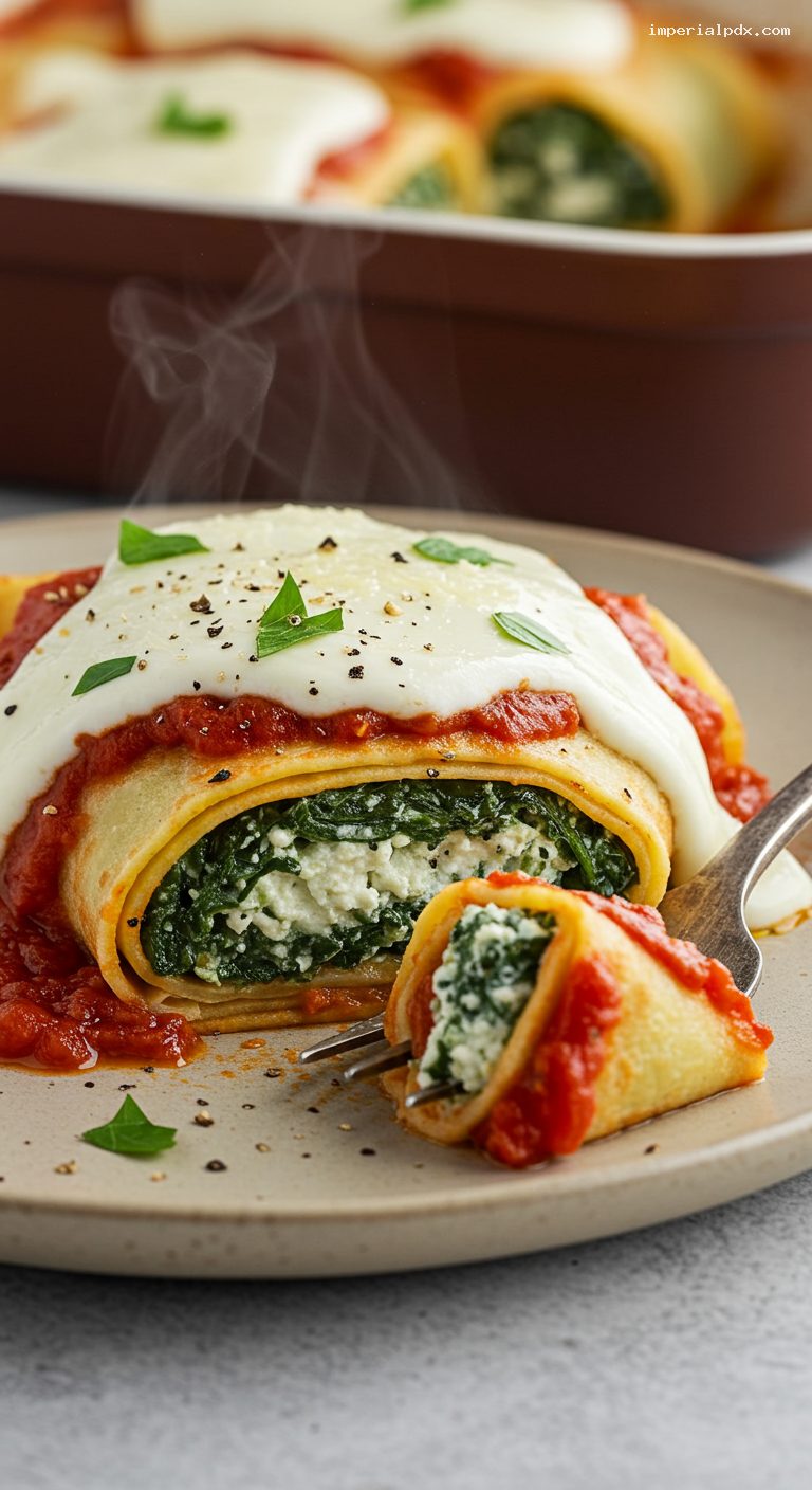 Spinach and Ricotta Canelones with Tomato and Béchamel – Closeup