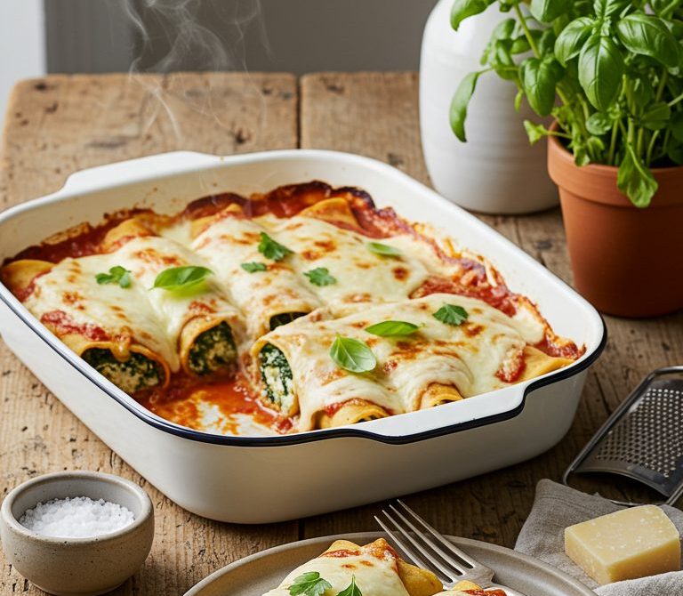 Spinach and Ricotta Canelones with Tomato and Béchamel