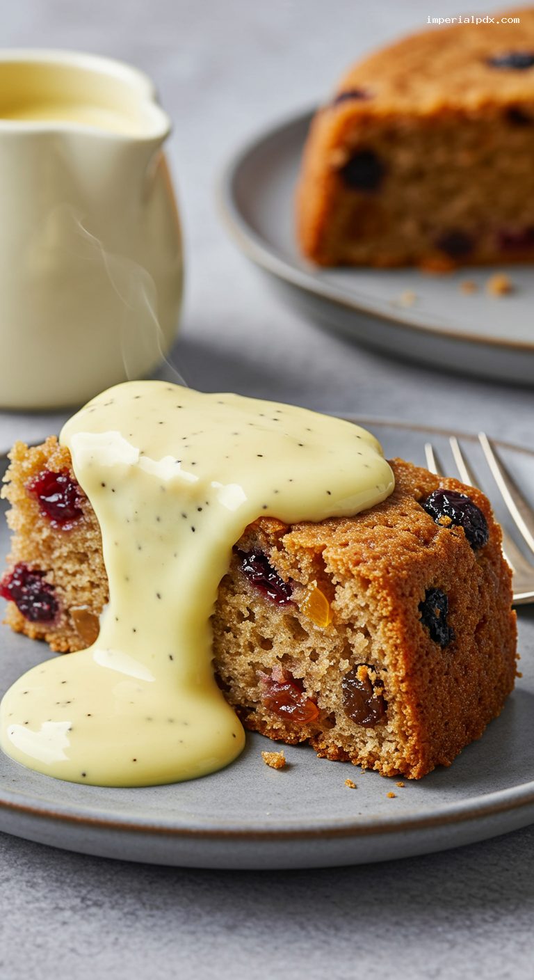 Spotted Dick with Hot Vanilla Custard – Closeup