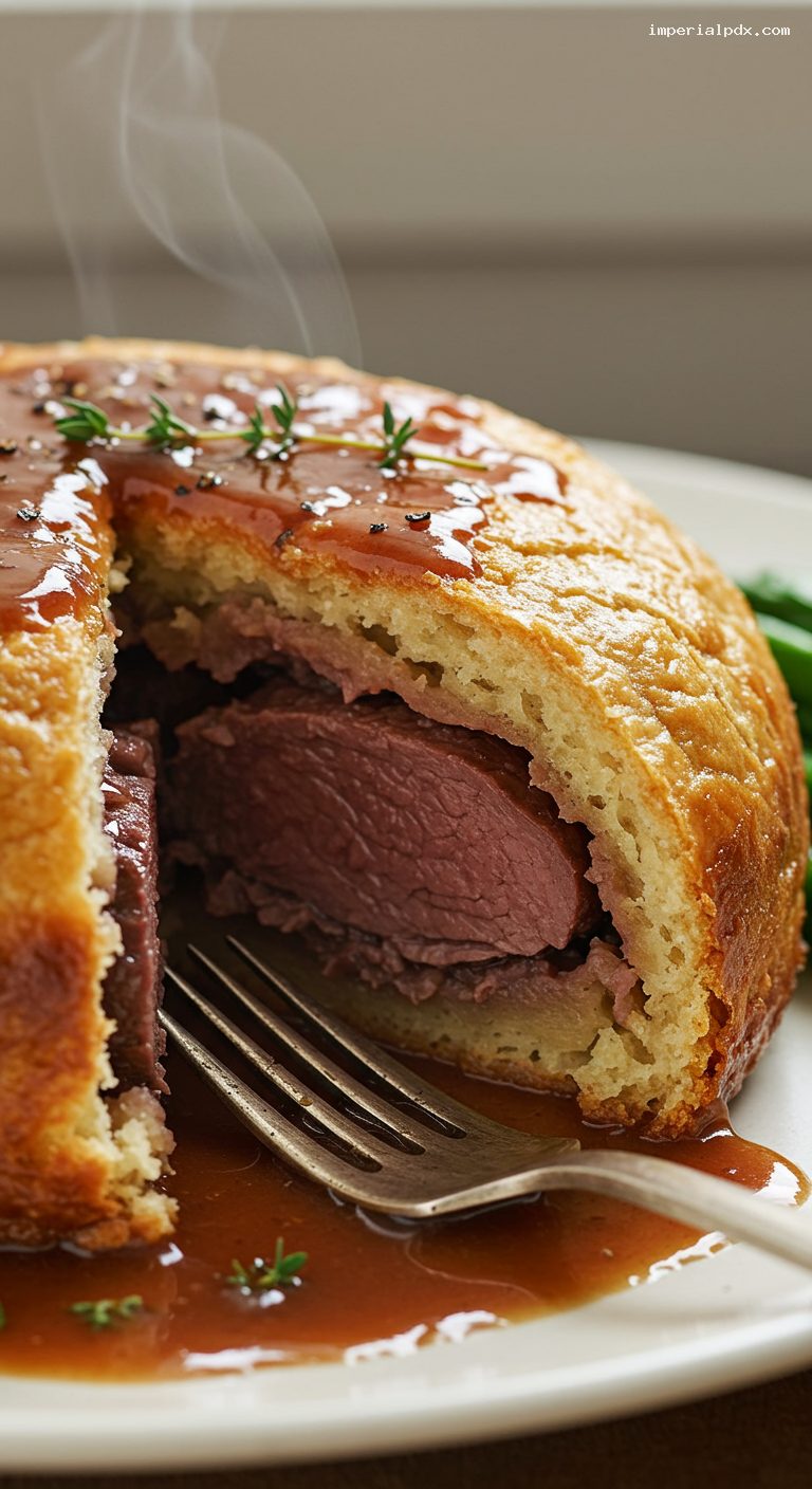 Steak and Kidney Pudding with Rich Ale Gravy – Closeup