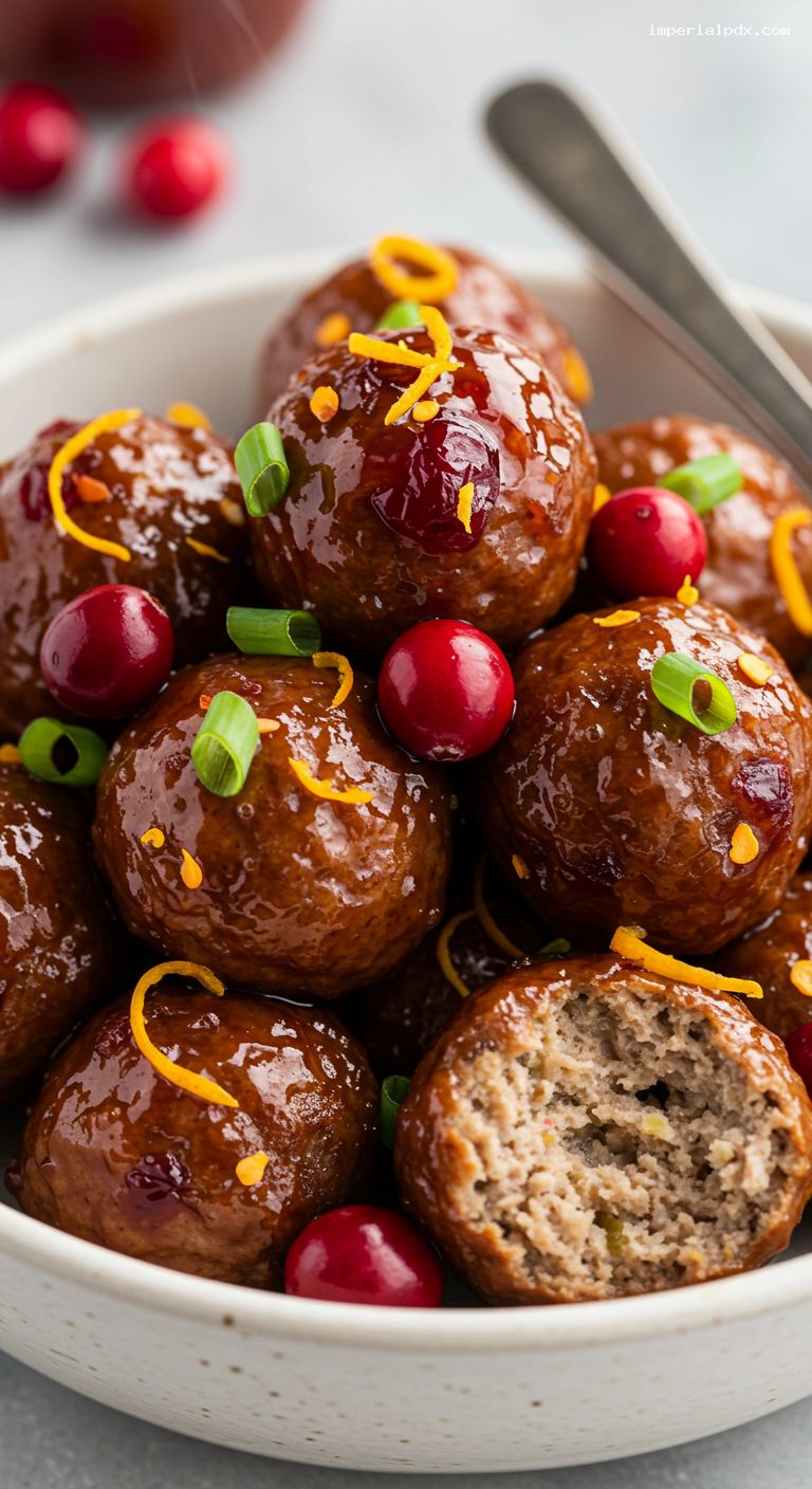 Sticky Cranberry-Orange Slow Cooker Cocktail Meatballs – Closeup