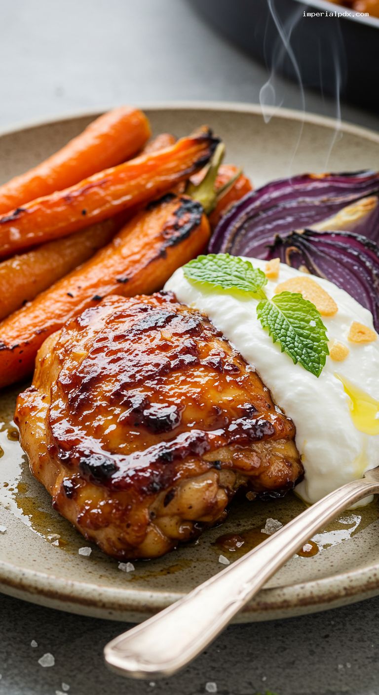Sticky Harissa-Honey Chicken with Yogurt and Mint – Closeup