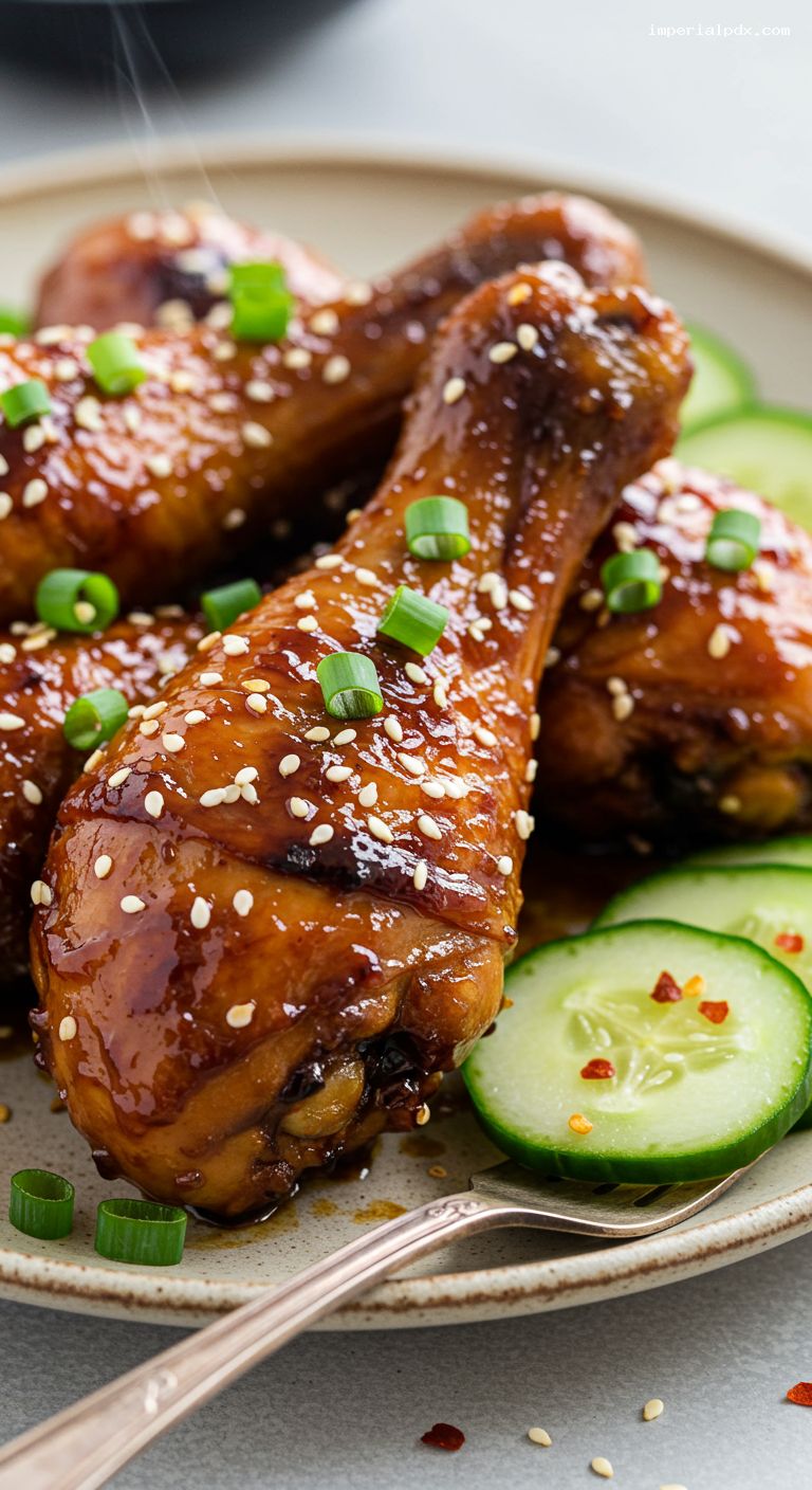 Sticky Soy-Ginger Chicken Drumsticks with Quick Pickles – Closeup