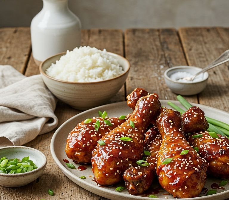 Sticky Soy-Ginger Chicken Drumsticks with Quick Pickles