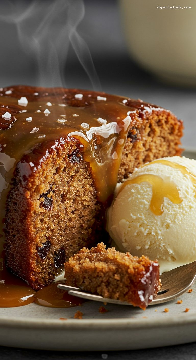 Sticky Toffee Pudding with Vanilla Ice Cream – Closeup