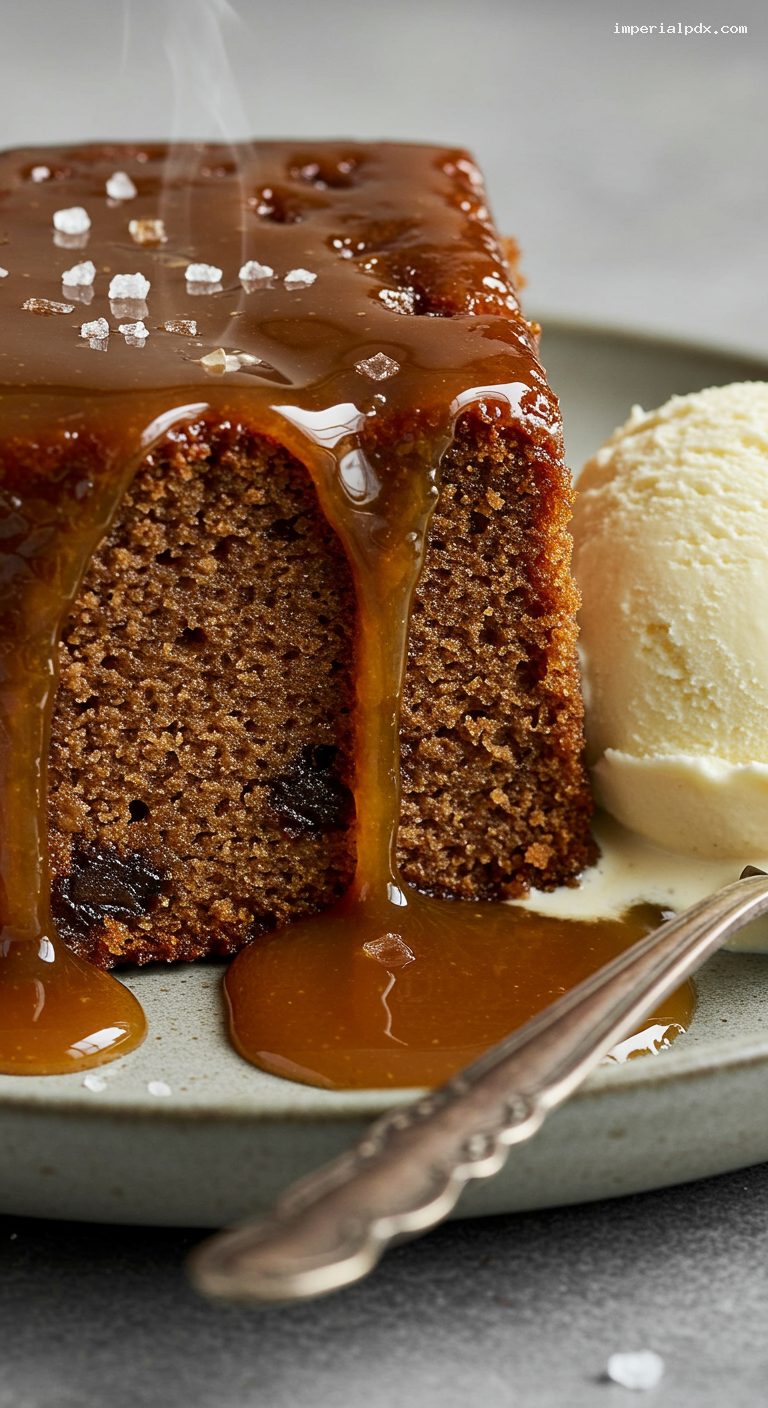 Sticky Toffee Pudding with Warm Toffee Sauce – Closeup
