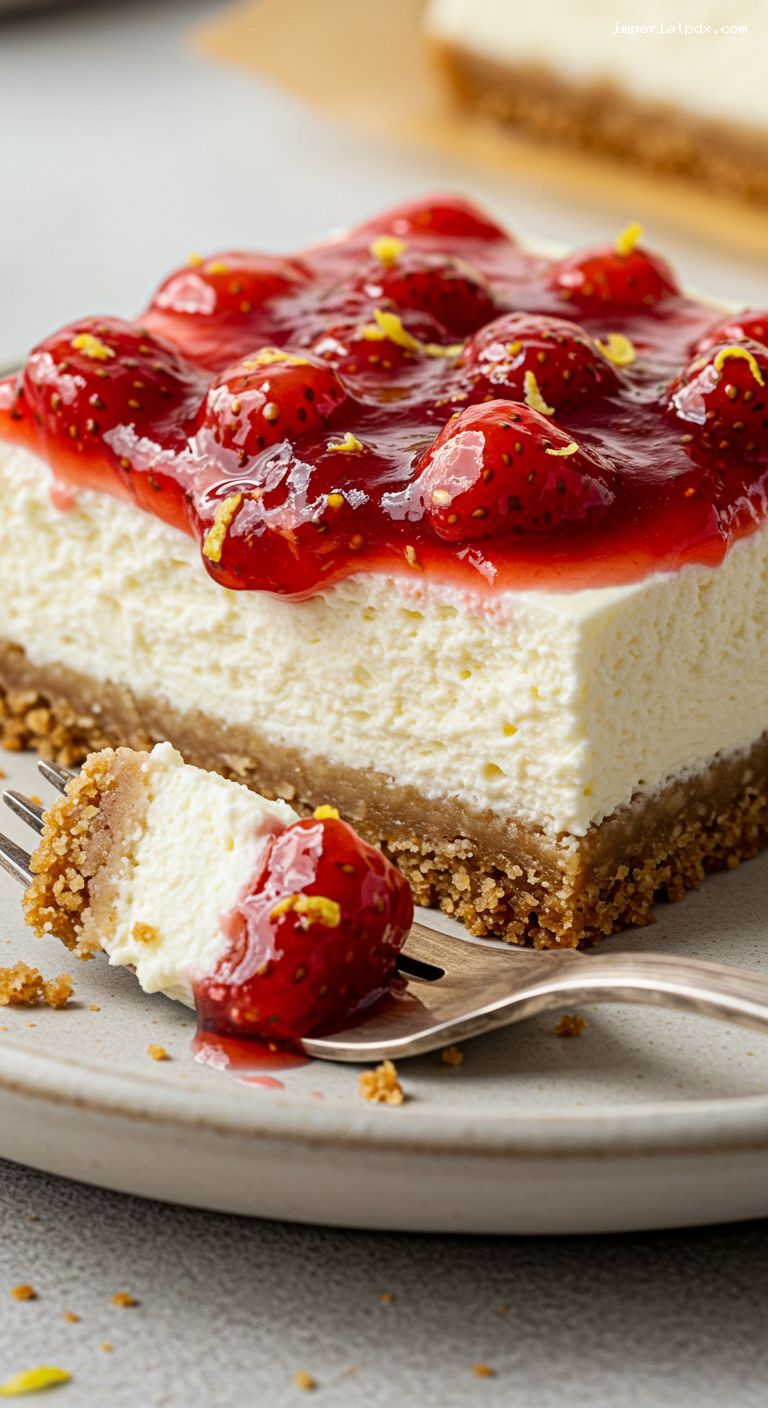 Strawberry Cheesecake Bars with Graham Cracker Crust – Closeup