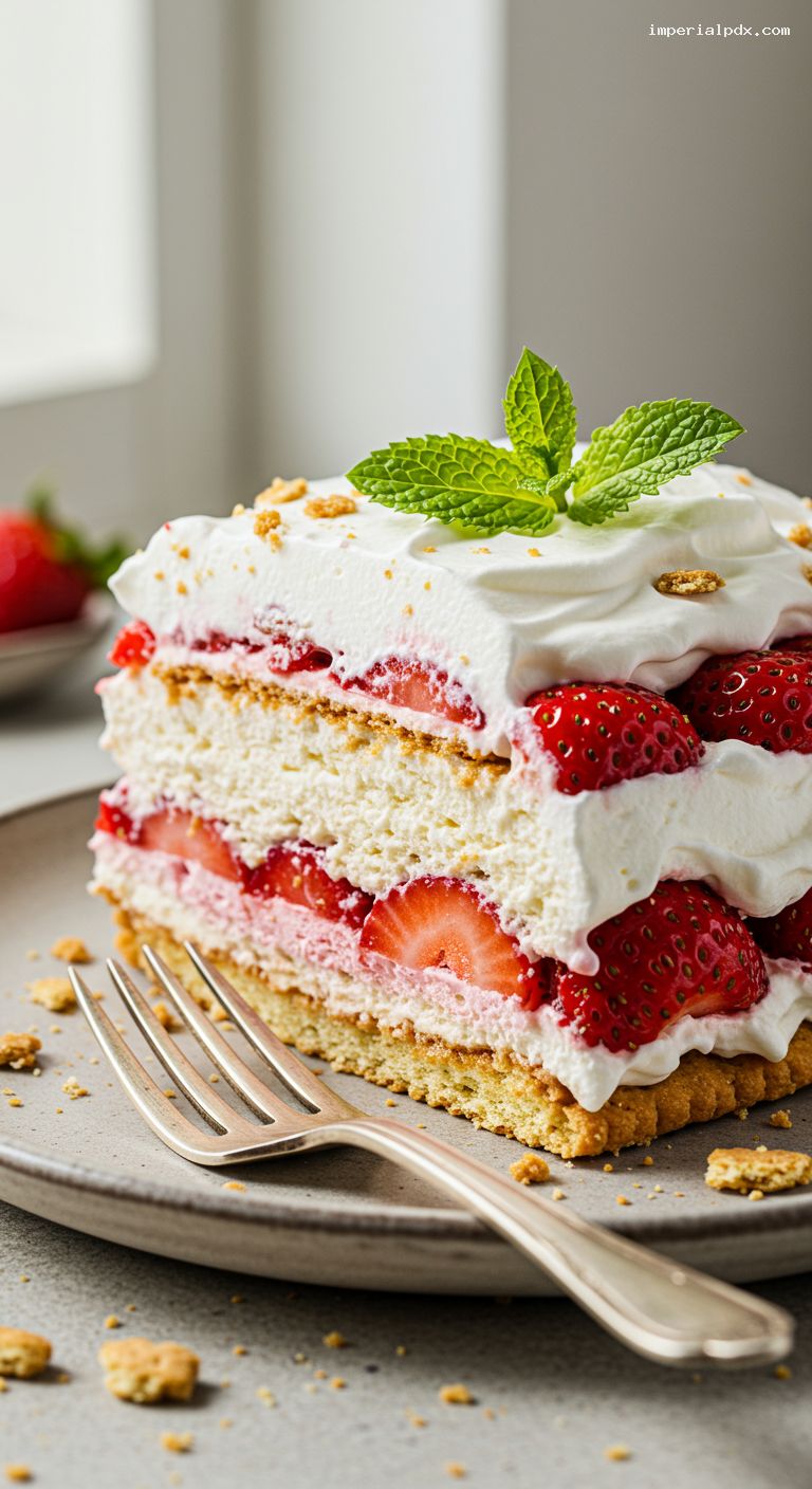 Strawberry Icebox Cake with Graham Crackers and Whipped Cream – Closeup