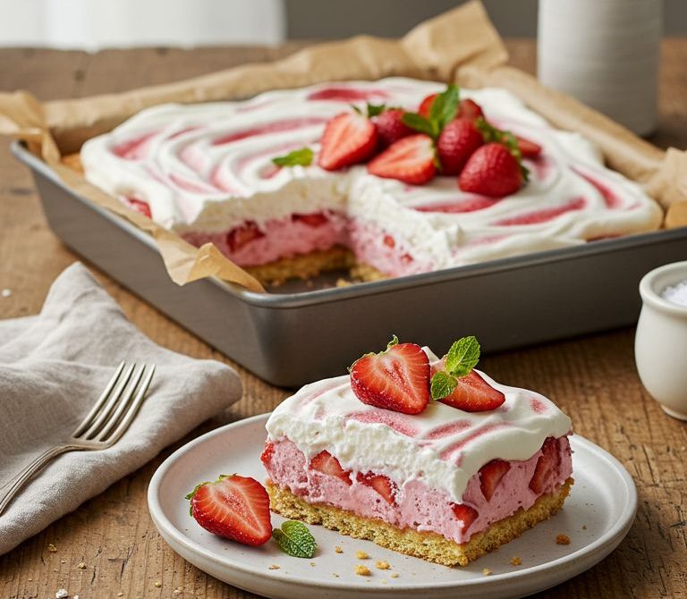 Strawberry Icebox Cake with Graham Crackers and Whipped Cream