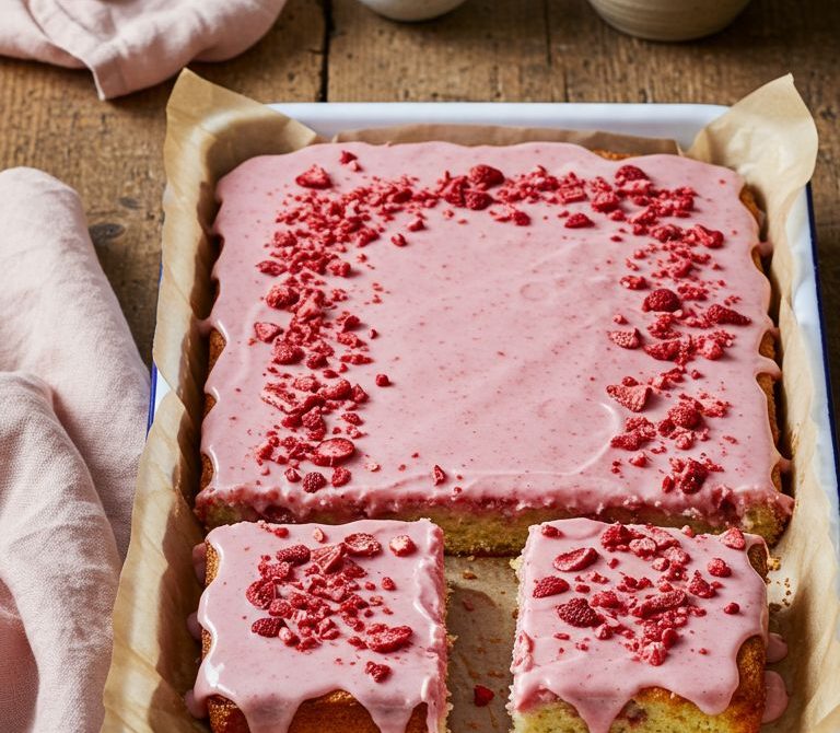 Strawberry Milk Sheet Cake with Pink Glaze