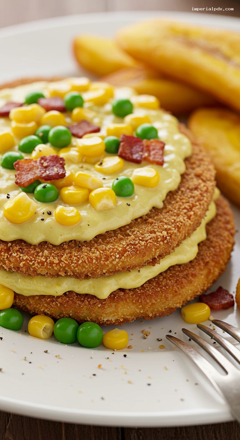 Suprema Maryland with Creamed Corn, Peas, Bacon, and Fried Banana – Closeup
