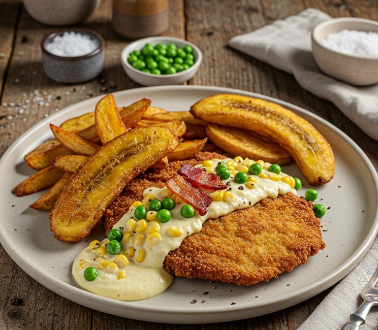 Suprema Maryland with Creamed Corn, Peas, Bacon, and Fried Banana