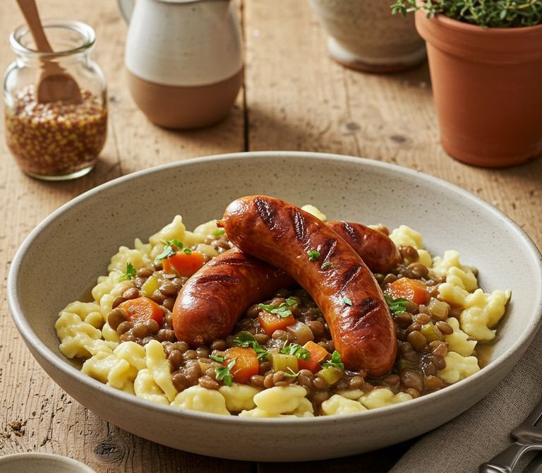 Swabian Lentils and Spätzle with Sausages