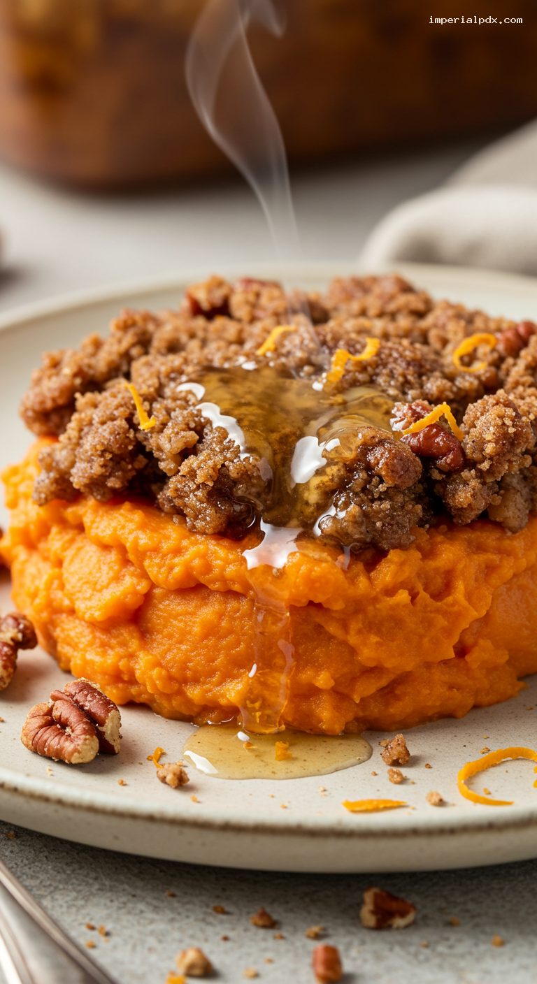 Sweet Potato Casserole with Gingerbread-Pecan Streusel and Maple Butter – Closeup