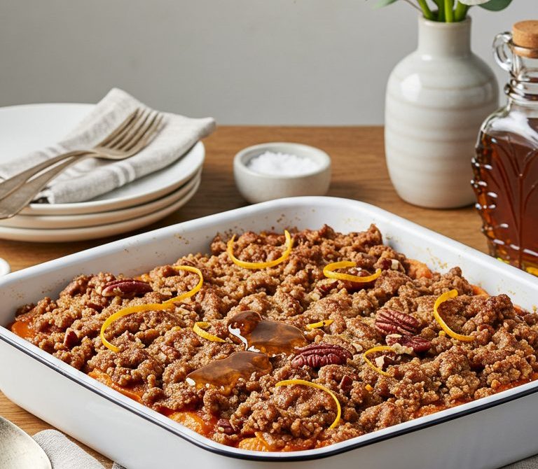Sweet Potato Casserole with Gingerbread-Pecan Streusel and Maple Butter