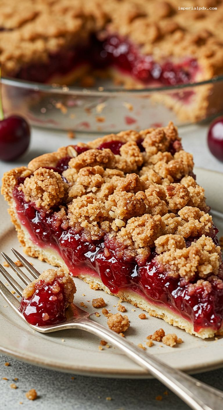 Tart Cherry Crumble Pie with Almond Streusel – Closeup