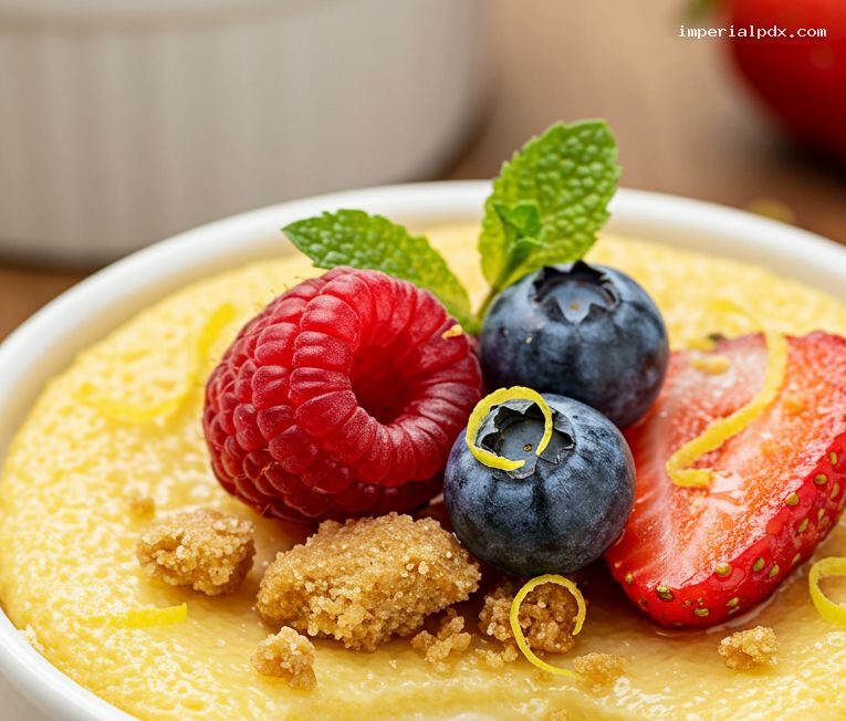 Three-Ingredient Baked Lemon Vanilla Yogurt Pots with Honeyed Berries – Closeup