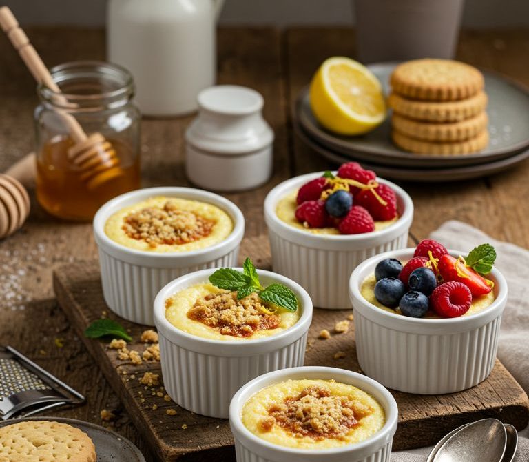 Three-Ingredient Baked Lemon Vanilla Yogurt Pots with Honeyed Berries
