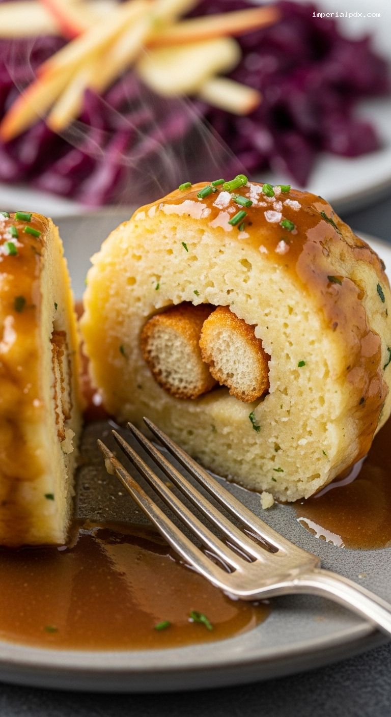 Thüringer Klöße with Gravy and Red Cabbage – Closeup