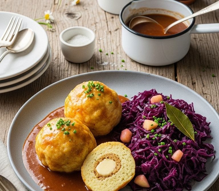 Thüringer Klöße with Gravy and Red Cabbage