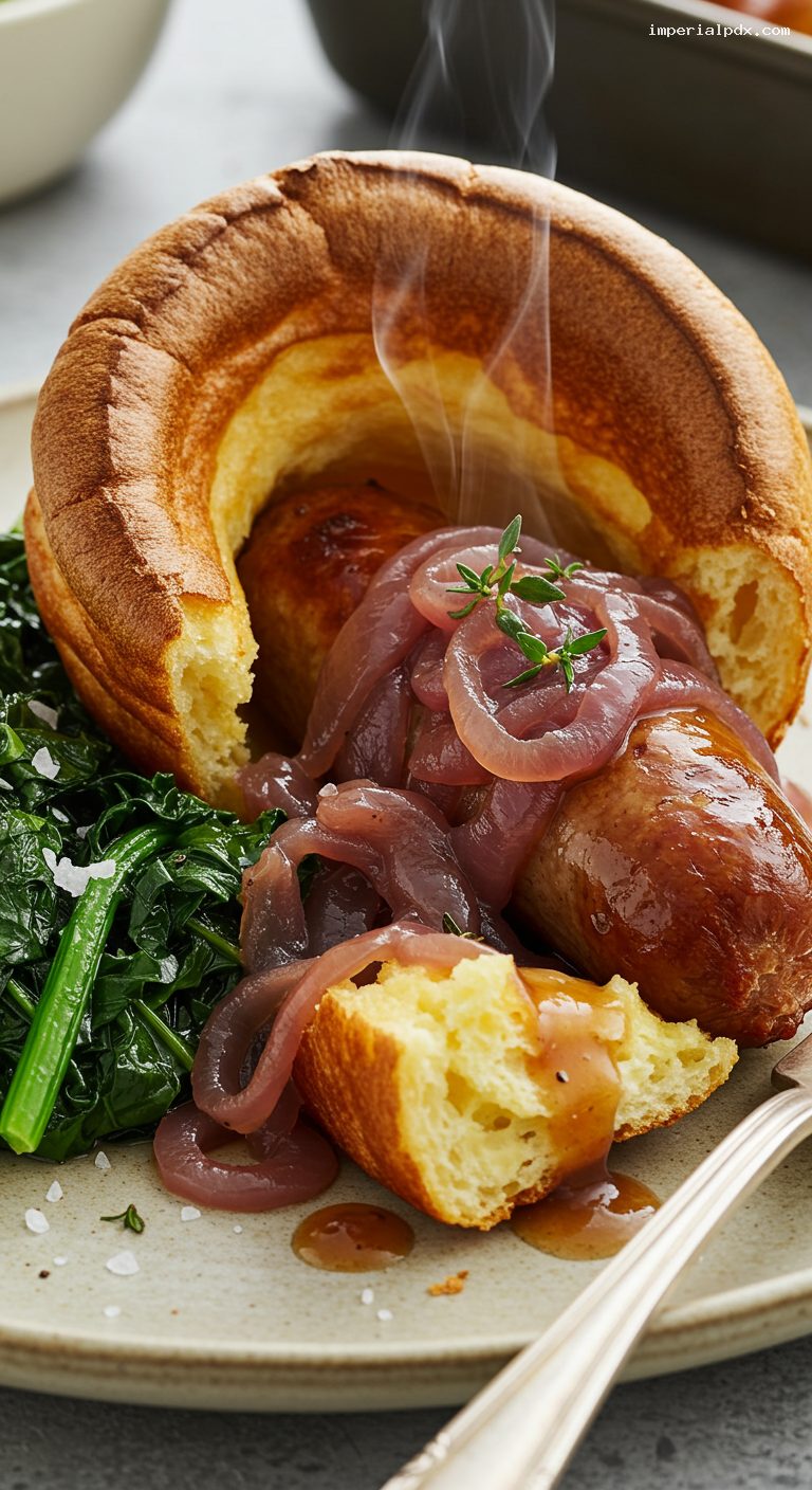 Toad in the Hole with Red Onion Gravy – Closeup