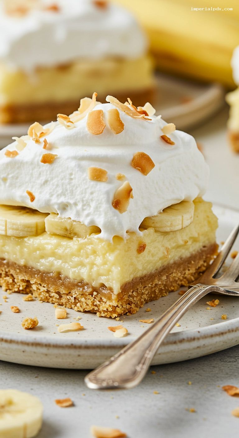 Toasted Coconut Banana Cream Bars with Graham Crust – Closeup