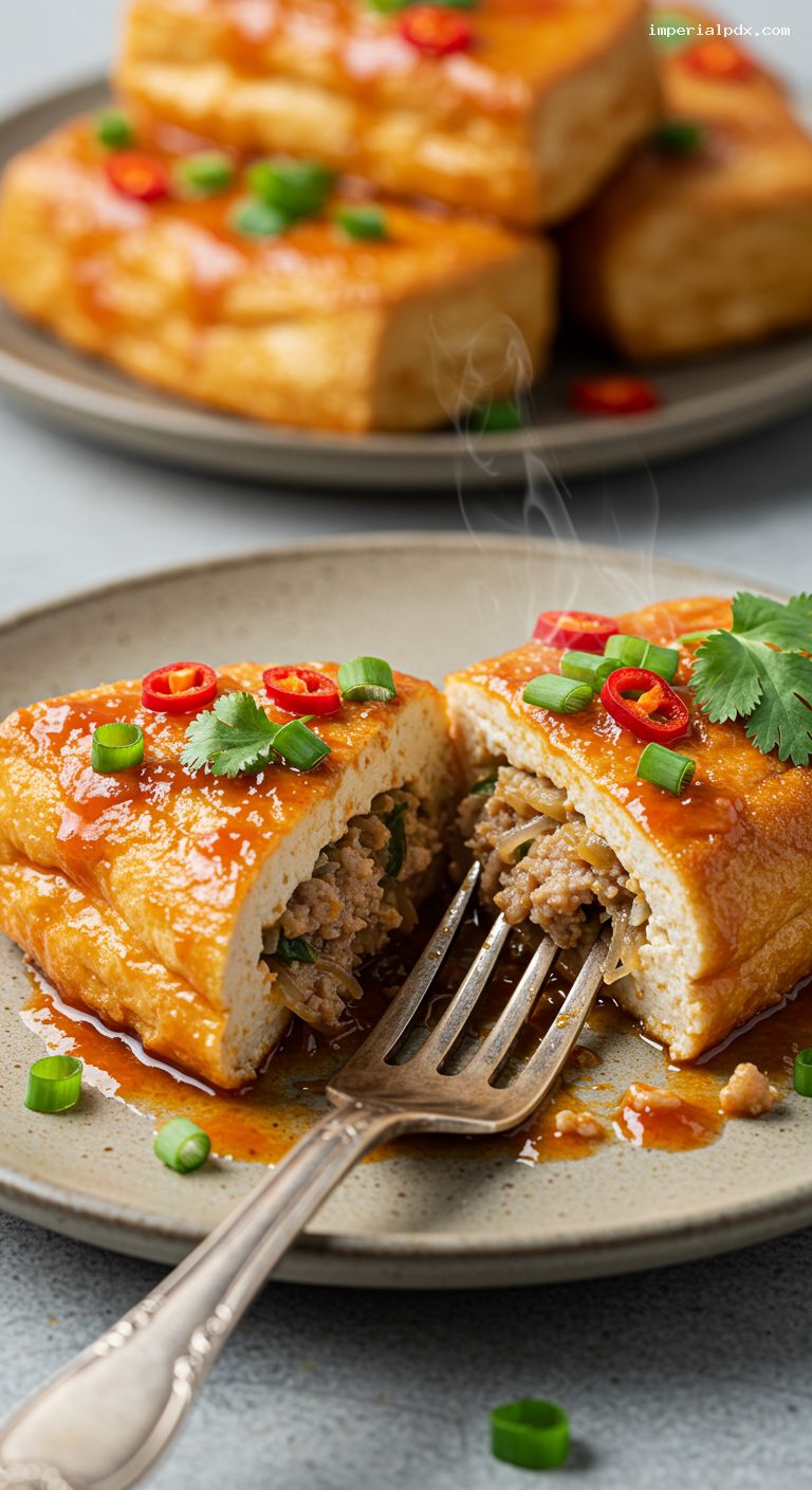 Tofu Pockets Stuffed With Pork in Tomato Sauce – Closeup