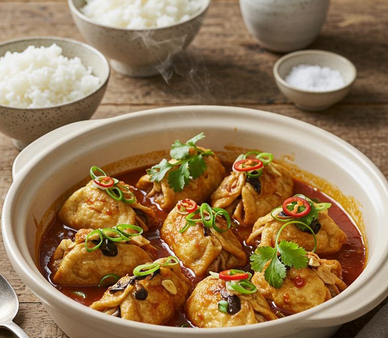 Tofu Pockets Stuffed With Pork in Tomato Sauce