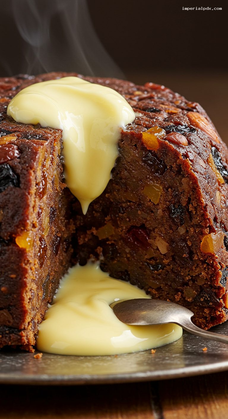 Traditional Christmas Plum Pudding with Brandy Butter – Closeup