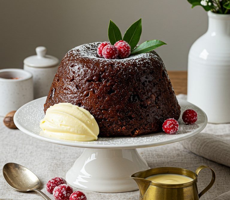 Traditional Christmas Plum Pudding with Brandy Butter