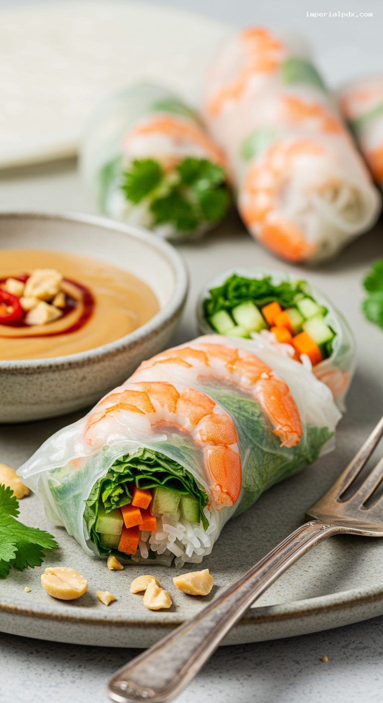 Vietnamese Fresh Spring Rolls with Peanut-Hoisin Sauce – Closeup