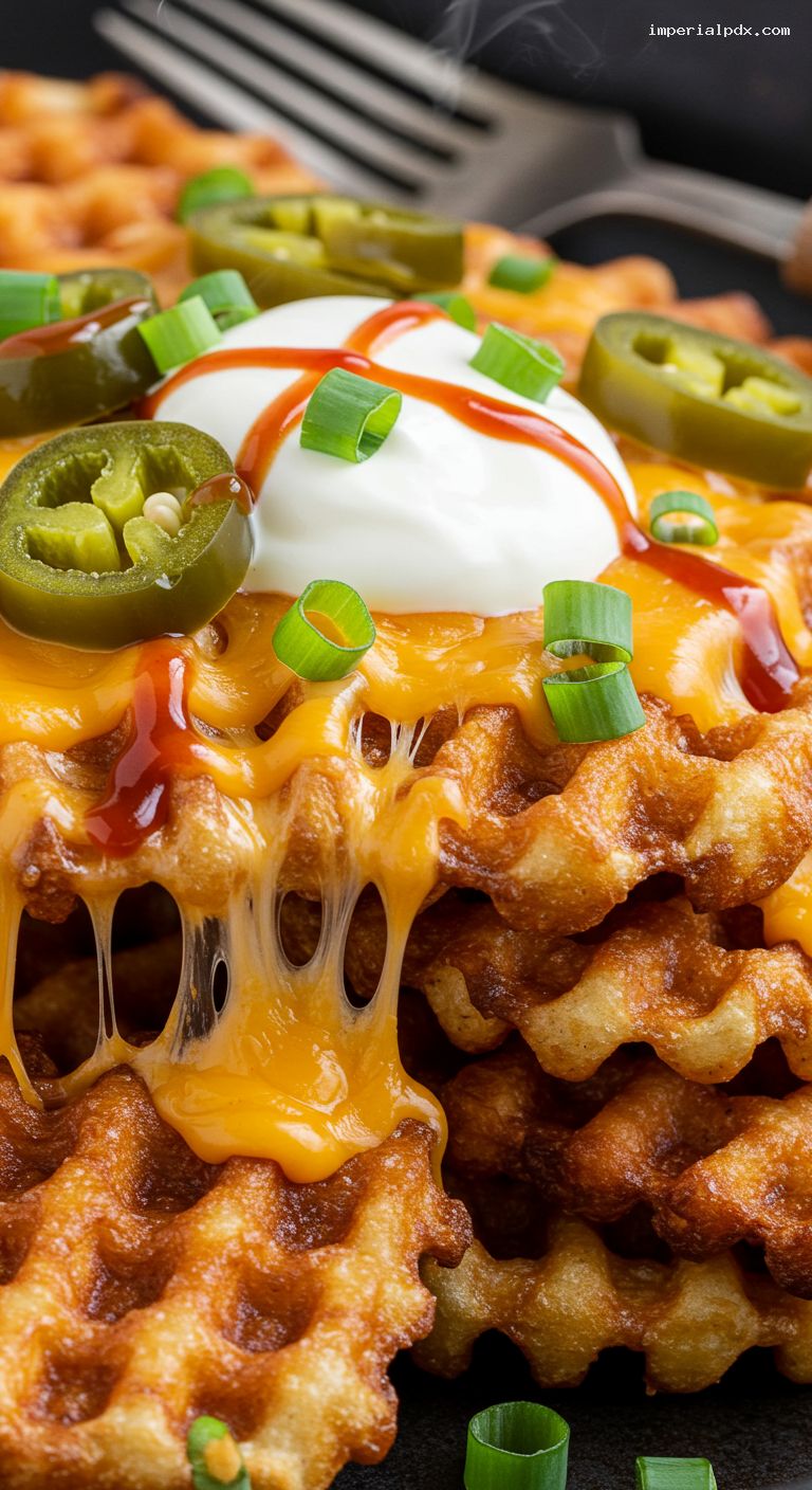 Waffle Fry Nachos with Cheddar and Jalapeños – Closeup