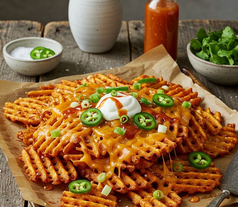 Waffle Fry Nachos with Cheddar and Jalapeños