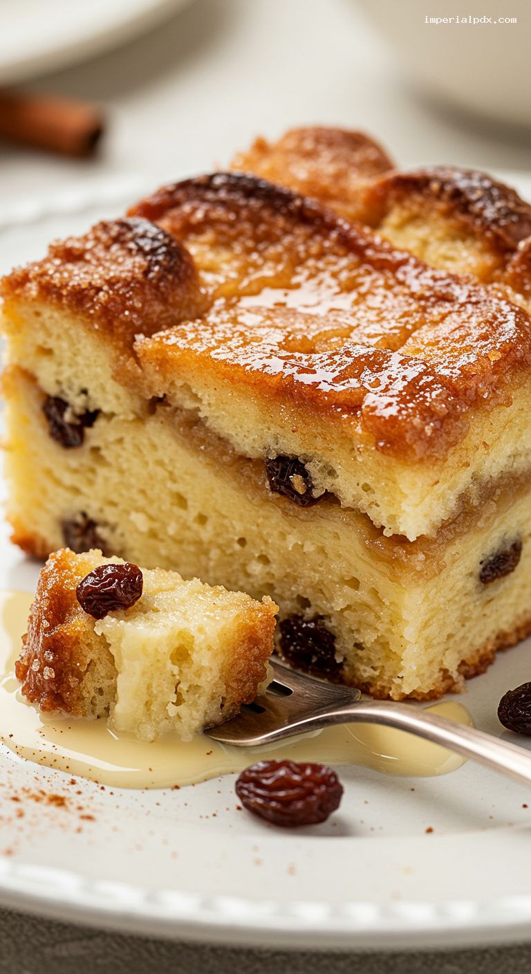 Warm Brioche Bread Pudding with Raisins and Vanilla – Closeup