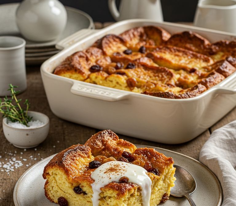 Warm Brioche Bread Pudding with Raisins and Vanilla