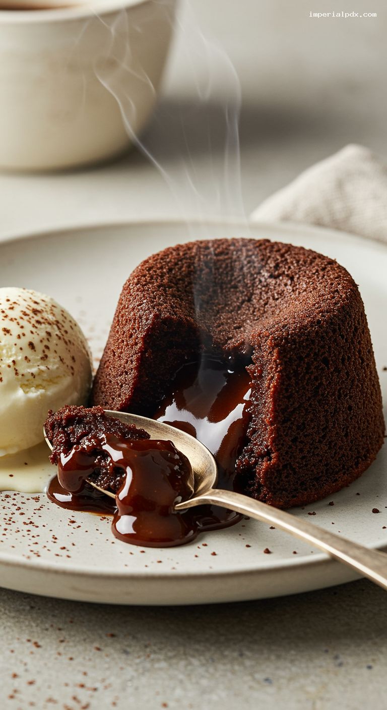 Warm Chocolate Lava Cakes with Vanilla Ice Cream – Closeup
