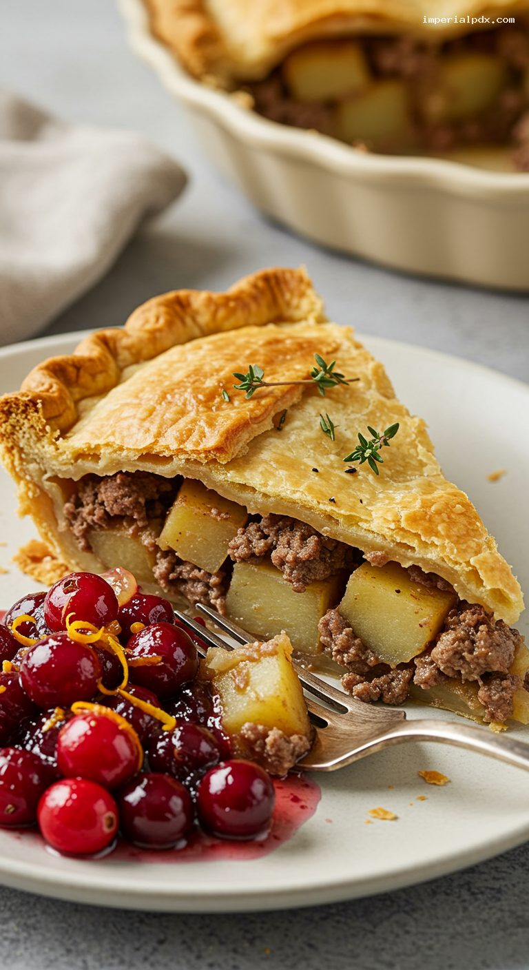 Warmly Spiced Tourtière with Cranberry Relish – Closeup