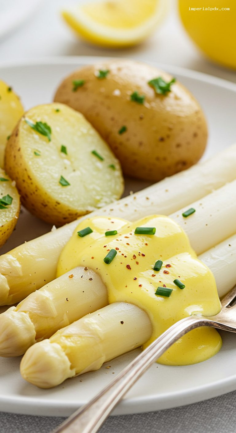 White Asparagus with Hollandaise and New Potatoes – Closeup